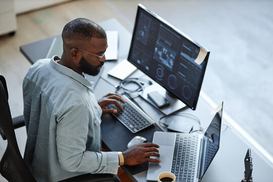 Software developer working at a multi-monitor setup